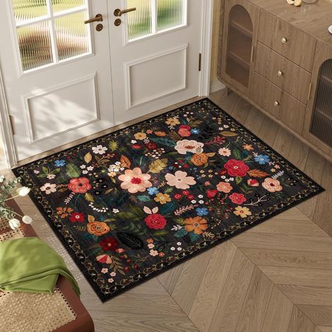 Tapis d'entrée lavable en machine, motif floral, style vintage, poils courts, antidérapant et doux, idéal pour le couloir, l'entrée ou la cuisine, beige et rose, 40 x 60 cm, noir (1/4)