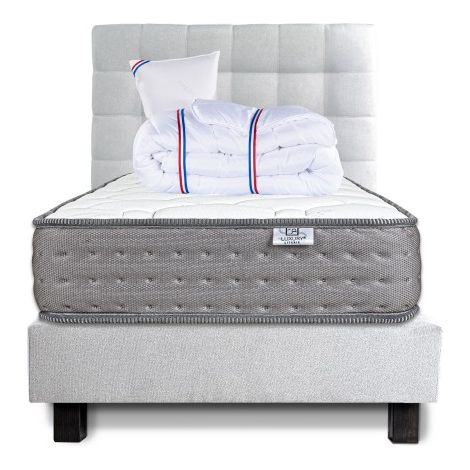 Ensemble Sommier gris (20cm) Matelas Zen (20 cm), ferme, face été/hiver,Oreiller,Couette et Tête de Lit, 90x190cm (1/5)