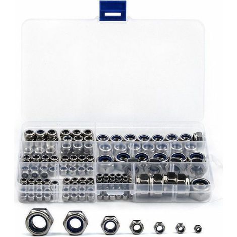 170 Pcs Ecrou Hexagonal en 304 Acier Inoxydable Ecrous Frein M3 M4 M5 M6 M8 M10 M12 pour Quincaillerie Assortiment Contre-Ecrou Argent pour Boulon Visserie