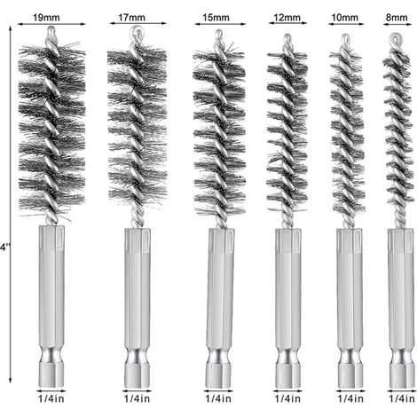 Brosse hexagonale en acier inoxydable pour tuyaux, brosse courte de 6,35 mm (1/4 pouce) pour l'élimination de la rouille interne et l'ébavurage, ensemble de brosses pour pistolet