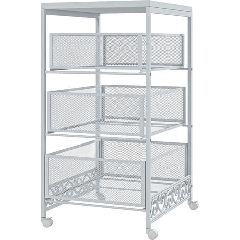 Chariot de rangement à roulettes à 3 niveaux avec 3 paniers de rangement pour salon/salle à manger, 34 x 29,5 x 57,5 cm, blanc (1/5)