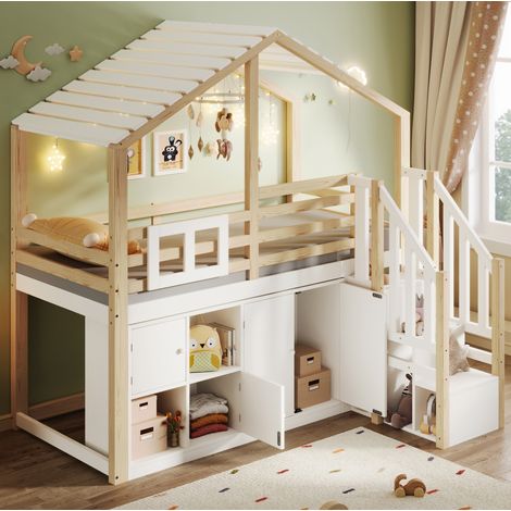 Letto a soppalco bambini 90x200 cm in pino bianco con vani, senza materasso – MEUBLIV (1/5)