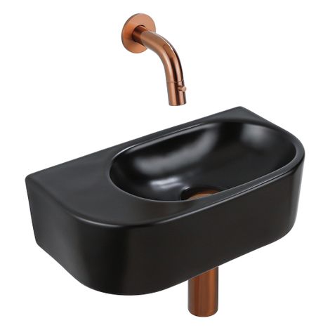QeramiQ Fuente Ensemble de Lavabo - 40x21.5x12cm - lisse - demi-rond - céramique - ensemble de robinet en cuivre brossé - bouchon de vidange - siphon