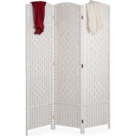 Relaxdays Biombo separador 170 x 120 cm, plegable 3 paneles, divisor de ambientes, madera y cuerda de papel, blanco