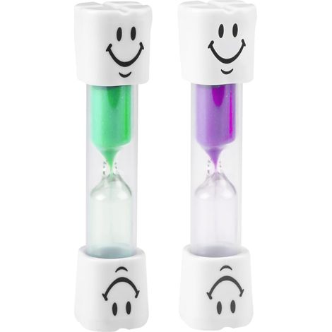 Kinder-Sanduhr (3 Minuten) – 2er-Set – PVC und Glas – Timer mit lächelndem Gesicht – Für Zahnhygiene und Küche – Grün und Lila (1/5)