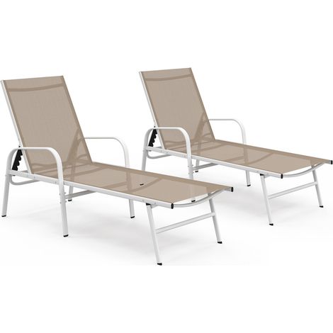 Set aus 2 verstellbaren Gartenliegen FIDJI aus weißem Stahl und beigem Stoff