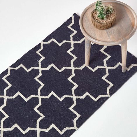 HOMESCAPES Tapis Kilim en coton tissé à motif géométrique bleu marine - Edmonton - 160 x 230 cm (1/5)