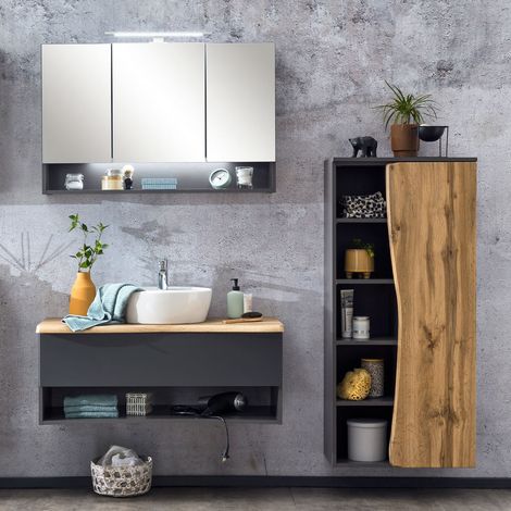 Badezimmermöbel Set in anthrazit mit Wotan Eiche Nb. in Baumkantenoptik KAHLA-03 LED Spiegelschrank und Keramik Waschbecken, B/H/T: ca. 181/200/52 cm (1/5)