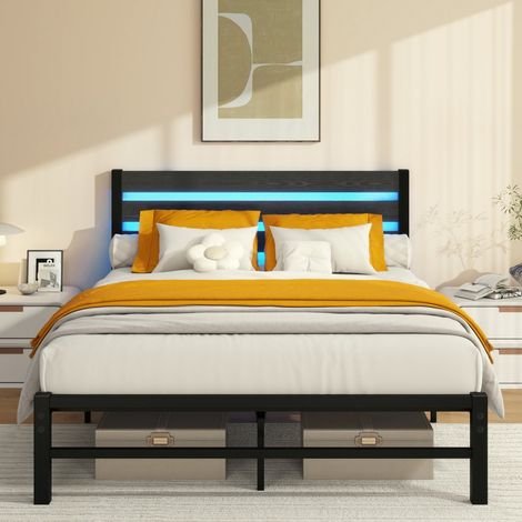 Lit 140x200cm - Lit Double 140x200 - Cadre de Lit en Métal avec LED RGB et Port USB - Support à lattes en Acier - Noir (1/5)