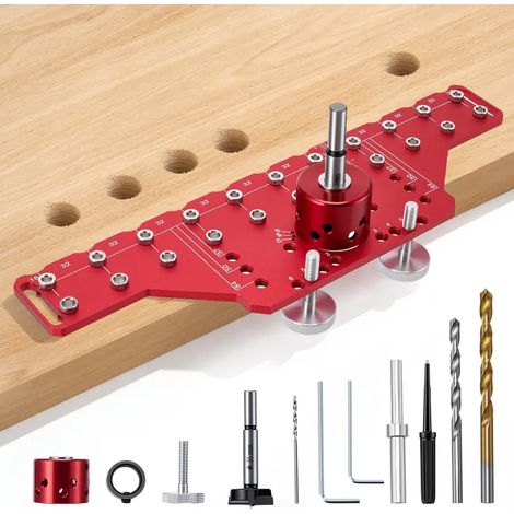 Gabarit de perçage 2‑en‑1 351 mm pour tiges d’étagère et charnières 35 mm, outil précision aluminium pour armoires doubles et grands meubles, mèches 5 mm et 1/4’’ incluses (1/5)