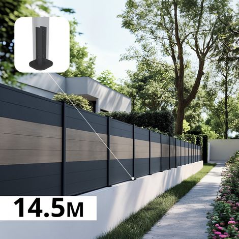 Kit Clôture Aluminium BAHIA & CRUZ Argent 14,63x1,2m - Bois Composite & Aluminium - Poteaux Gris - Brise Vue - Palissade