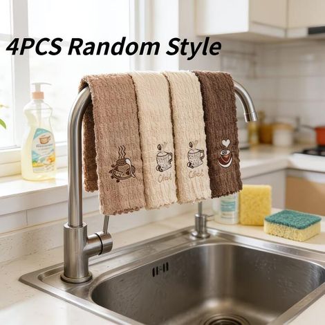 Lot de 4 chiffons de cuisine brodés motifs café, éponge de nettoyage épaisse et grande, à séchage rapide, doux et respirant, réutilisable pour cuisine, salle de bain, polissage voiture et lavage de vi (1/5)