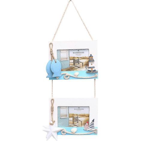 décoration murale suspendue de style méditerranéen, en forme de double cadre photo, idéale pour la maison, un bar ou un café.-50x18x2cm-Blue (1/4)
