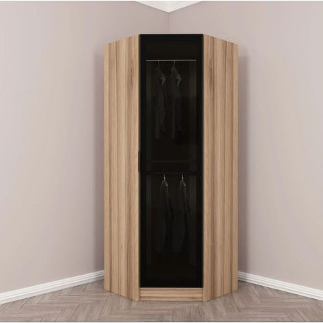 Azura Home Design – Armoire d'angle en noyer 74 x 210 cm – Porte en verre fumé – Panneaux mélaminés 18 mm – Design fonctionnel pour espaces optimisés (1/5)
