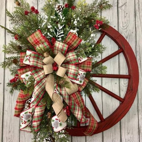Roue De Charrette En Bois - Décoration Murale Pour Porte D'Entrée - Couronne De Noël Et Saison Hivernale - 30 Cm (1/5)