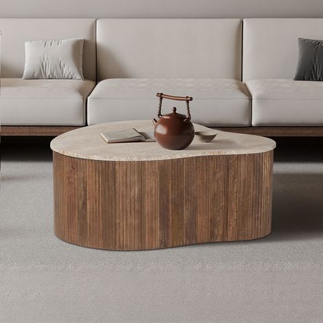 Table d'appoint 83x72x34 cm en manguier et travertin - CHAU (1/5)