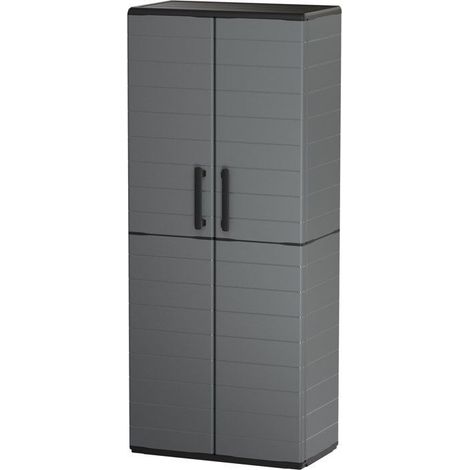 ARMOIRE PORTE-BALAI - TOOD - 2 PORTES + 3 ÉTGAGERES EN POLYPROPYLENE - 68 X 37 X H.163 CM - GRIS (1/5)