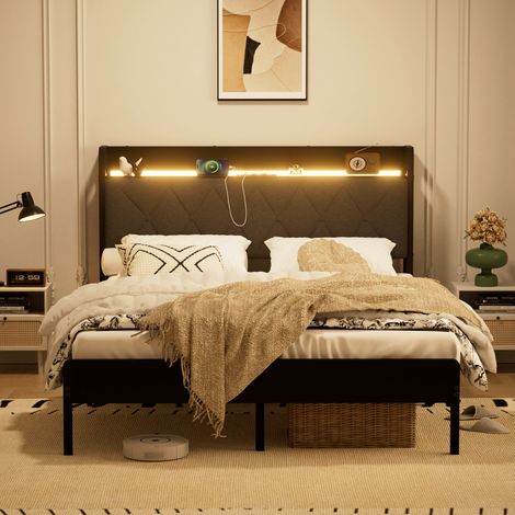Lit adulte 140x190 cm avec LED et USB, rangement sous lit, tête de lit capitonnée, acier noir et lin - gris (1/5)
