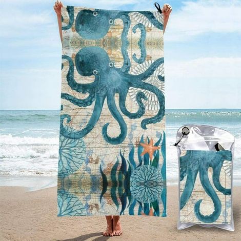 Schnelltrocknendes Strandtuch mit Oktopus-Ozeankarte, tragbares Badetuch für Reisen, Schwimmen, Outdoor-Sportarten, für Männer, Frauen und Kinder, weiß, 80 x 160 cm (1/5)