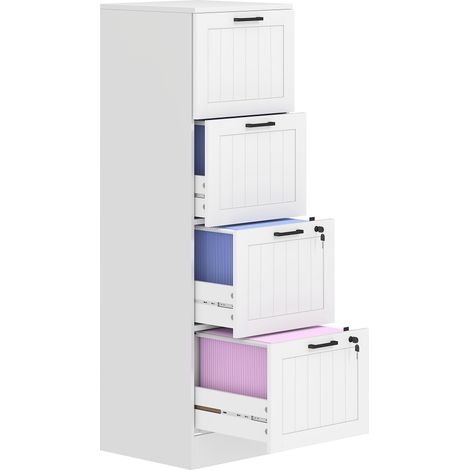 HOMCOM cajonera escritorio con 4 cajones, cajonera de oficina, mueble archivador, con 2 cerraduras, riel colgante para A4 y carta, 40x40x131 cm blanco