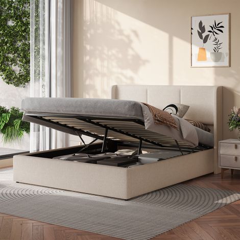 Lit coffre 140x190, lit 140x190 avec sommier, lit deux place capitonné en tissu beige clair, sommier à lattes, rangement hydraulique et cadre rembourré (1/5)