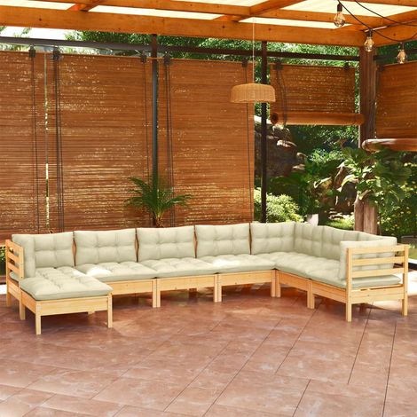 8-tlg. Garten-Lounge-Set mit Creme Kissen Massivholz Kiefer (1/5)