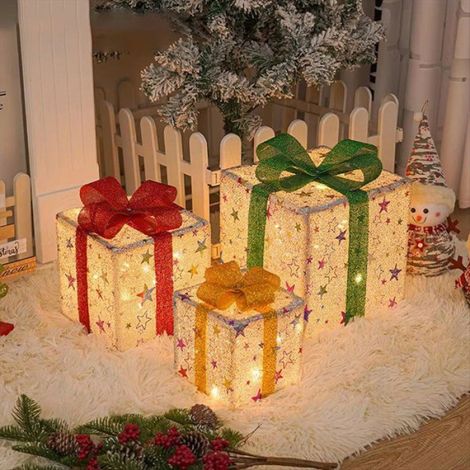 Lot de 3 boîtes cadeaux de Noël illuminées télécommandées, boîtes cadeaux intelligentes de luxe pour décoration de Noël (1/5)