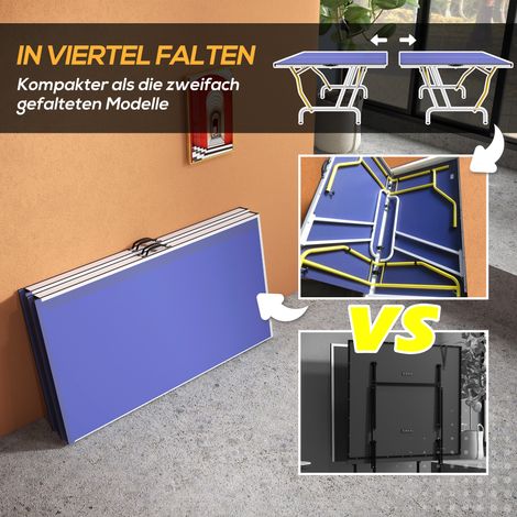 Table de tennis de table pliable avec 2 raquettes, 3 balles et filet. Usage en salle. Structure métallique. Dimensions : 274 x 152 x 76 cm. Couleur bleu. (1/4)