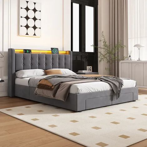 Lit coffre 140x200 cm lit double avec lumière LED et port USB, tissu velours, gris foncé Sans Matelas (Sans Matelas) (1/5)