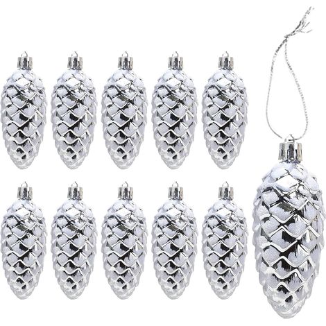Lot de 10 Grandes Pomme de Pin Déco Noel - Scintillant Décoration Sapin de Noël Argenté - Plastique Boules de Noël (Argent) (1/5)