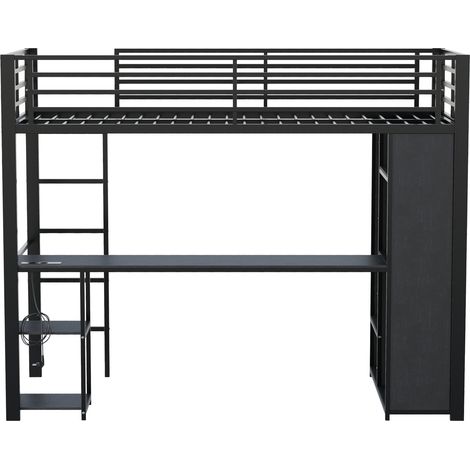 Letto a soppalco 90 x 200 cm in metallo e MDF nero con scrivania LED ripiani e armadio (1/5)