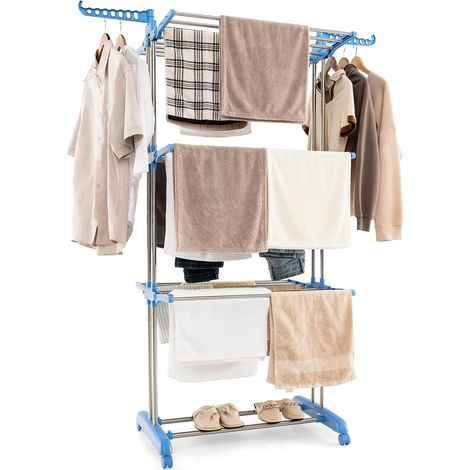 GOPLUS Étendoir à Linge Pliable à 4 Niveaux avec Ailes Latérales Rotatives et Etagères Pliables-Séchoir avec Roues Verrouillables (1/5)