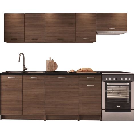 Conjunto de cocina Ota II, Nogal + Negro, 240x60cm, Encimera, Aglomerado laminado