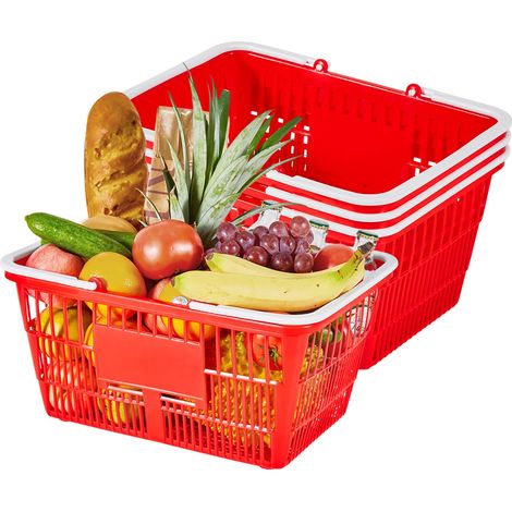 Panier de Courses Plastique PE Panier à Provisions Empilables, Lot de 4, 21 L avec Poignées, Structure Maille Dense, Charge 9 kg, pour Épicerie, Vente au Détail, Magasins, Supermarchés, Rouge (1/5)