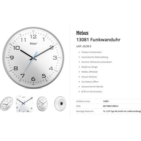 Mebus 13081 Funk Funkuhr 30 cm Grau Leisegang-Uhrwerk