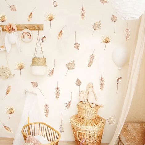 Sticker mural tropical feuilles de palmier boho, décalcomanie plante exotique pour salon, chambre, fond de canapé, déco murale adhésive (1/5)