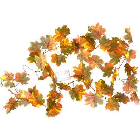 Dekorative Lichterkette aus Kupferdraht mit künstlichen Ahornblättern, Herbstschmuck, Wandlampe aus Rattan. (1/5)