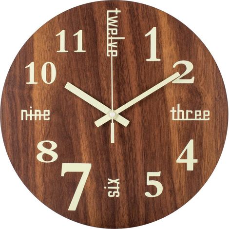 Horloge Murale, 30 cm Horloge Murale Veilleuse avec Mots Chiffres Rétro, Silencieux Non-Ticking à Piles Analogique Bois (1/5)
