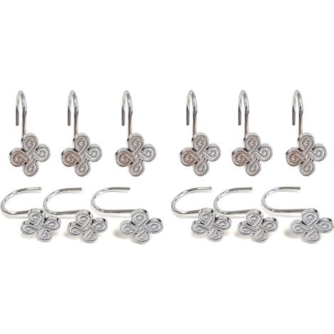 BEBUSINGOTO Lot de 12 Crochets pour Rideau de Douche en chrome : Anneaux de Rideau de Douche en métal argenté antirouille - Crochets en Forme de Fleur trèfle pour Suspension de Rideau (1/5)