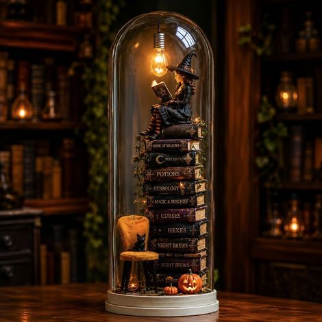 Innovative and adorable whimsical Scene Ambient Lamp - Halloween Glass Dome Lamp - Witch Reading -