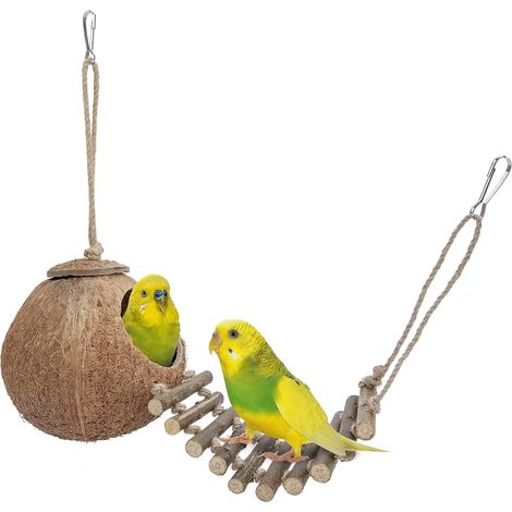 Nid d'oiseau naturel Coconut Hideaway avec échelle, jouet pour oiseaux et petits animaux (1/5)