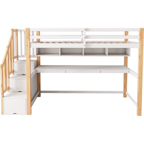 Cama alta infantil 90 x 200 cm con escritorio y estanterías madera y MDF blanco y roble HOMVRA (1/5)