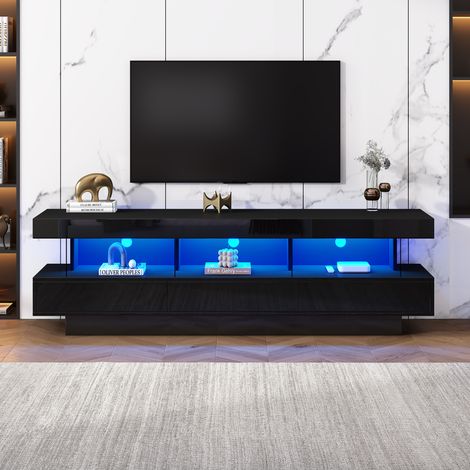 Meuble TV noir brillant 160x38x50, 5 cm, LED Bluetooth, 3 étagères verre (1/5)