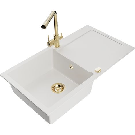 Mexen Leo lavello in granito 1-vasca con sgocciolatoio e rubinetto da cucina Duero, bianco - 6501-20-671600-50 (1/5)