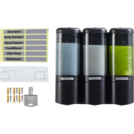 Distributeur de savon liquide mural à 3 compartiments, grande capacité (480 ml x 3), avec pompe anti-fuite et large ouverture. Couleur : noir. (1/5)