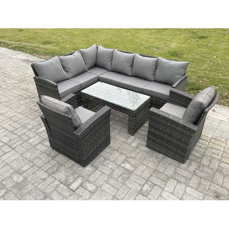 Fimous 8 Seater Outdoor Rattan Garden Furniture Set Corner Sofa Oblong Coffee Table Sets with Patio 2 Armchairs Dark Grey Mixed
