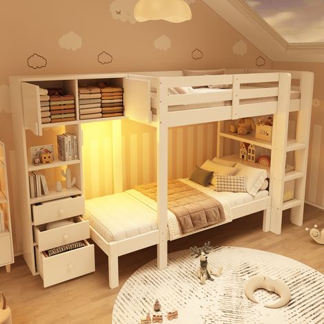 Lit superposé enfant 90x200 avec veilleuse intelligente,placard, étagère,tiroirs,cadre de lit enfant,blanc (1/5)