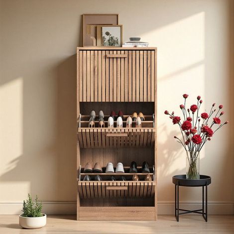 Mobile per scarpe - Legno di vimini - Antiribaltamento - 20 paia - 113x60x24 cm - Marrone chiaro