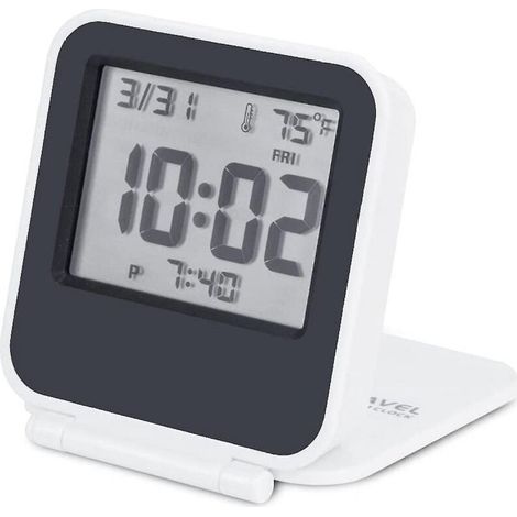 Petit réveil numérique de voyage, mini réveil de voyage à piles avec rétroéclairage, mini calendrier de poche pliable et portable avec affichage de la température (blanc) (1/4)