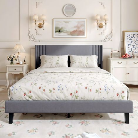 Lit Double 140x200 cm avec Sommier à Lattes, Lit Capitonné en Tissu Lin, Tête de Lit Confortable pour Chambre ou Amis, Lit 2 Places - Gris